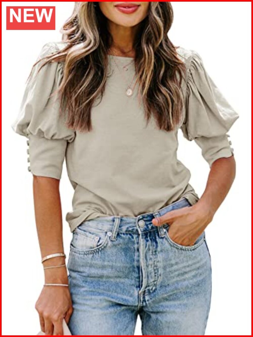 Puff Sleeve Blouse Crewneck Loose Casual Summer Top